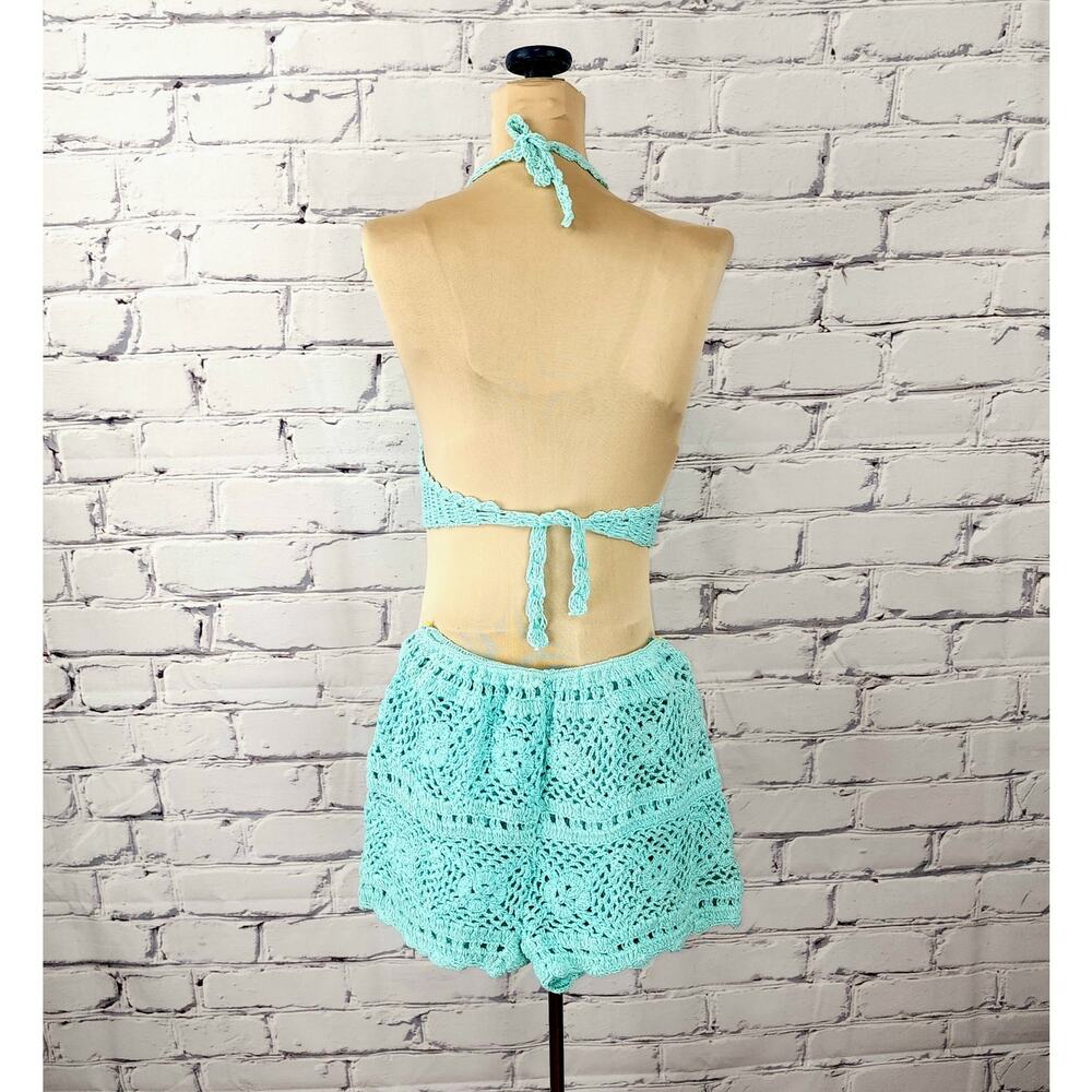 Crochet Set Shorts Halter Cardigan Womens S Teal Green Summer Beachy Tropical - Picture 4 of 12